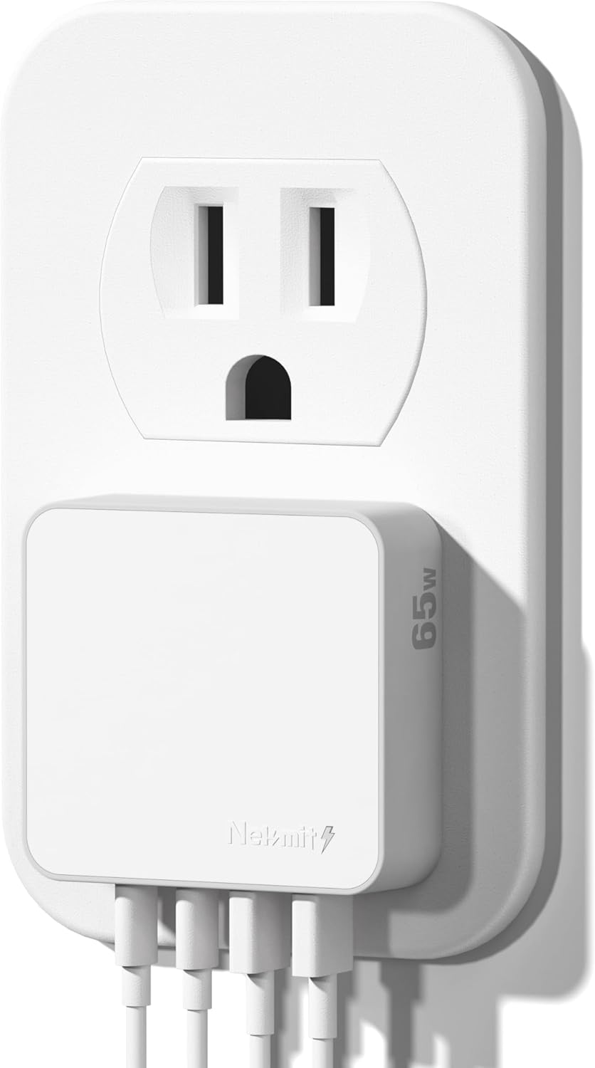 Nekmit Flat USB Wall Charger, 65W GaN Fast Charging USB C Charger Block, Dual USB Ports Wall Plug Power Adapter for iPhone 15 Pro Max/iPad Pro and More, White