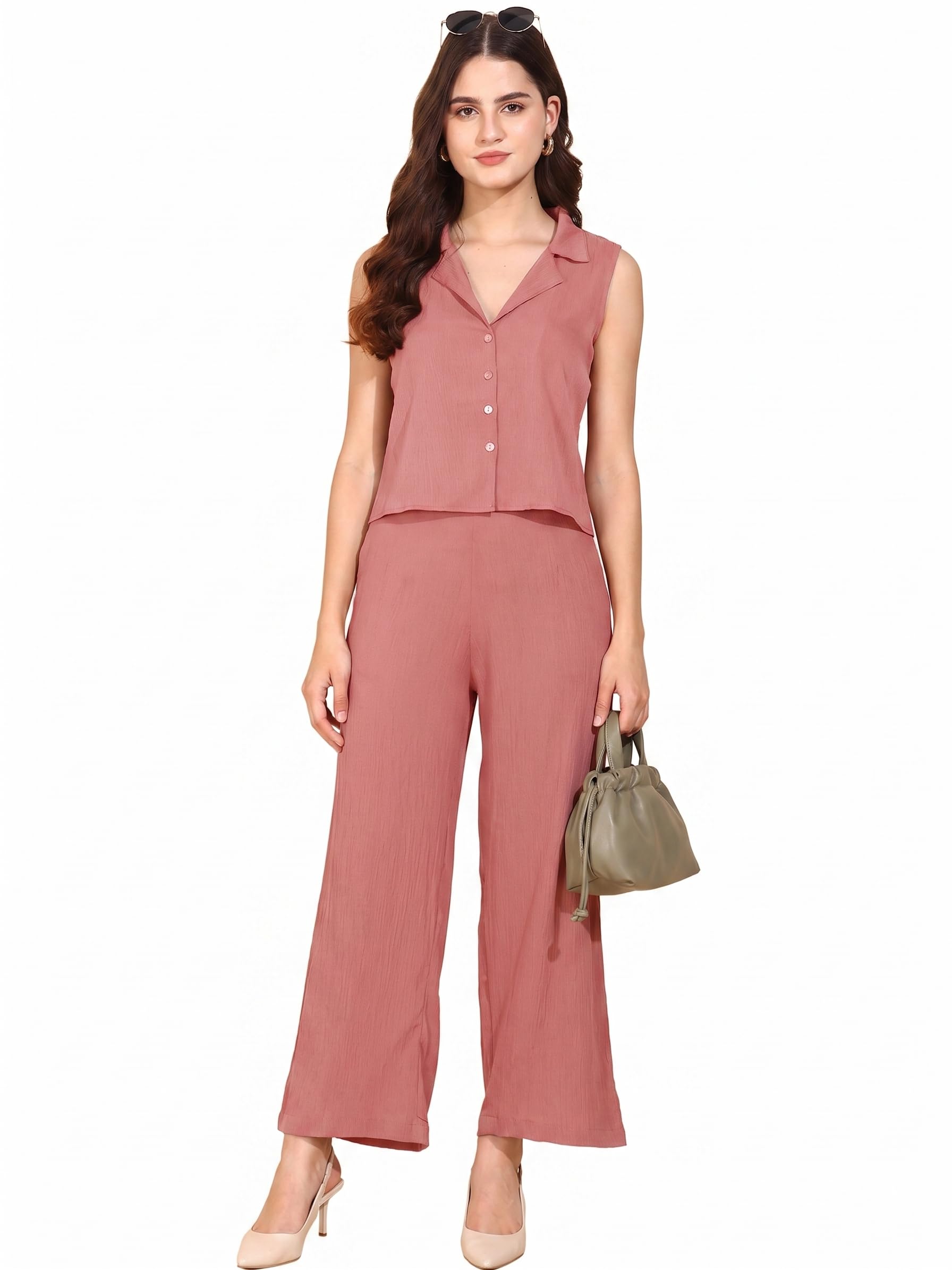 Women Frontopenn Co Ord Set for Women | Sleeveless Button Front Top with Wide Leg Pants | Korean Style Loungewear, Casual, Travel Outfit, Relaxed Fit Daily Wear-image-9