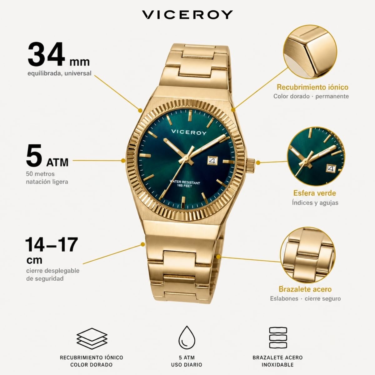 Viceroy Reloj Mujer Elegante para Vestir de Acero Inoxidable - 34 mm - Movimiento de Cuarzo - Esfera Verde - Bisel Dorado - Resistente al Agua 5 ATM - Colección Dress – 401296-67