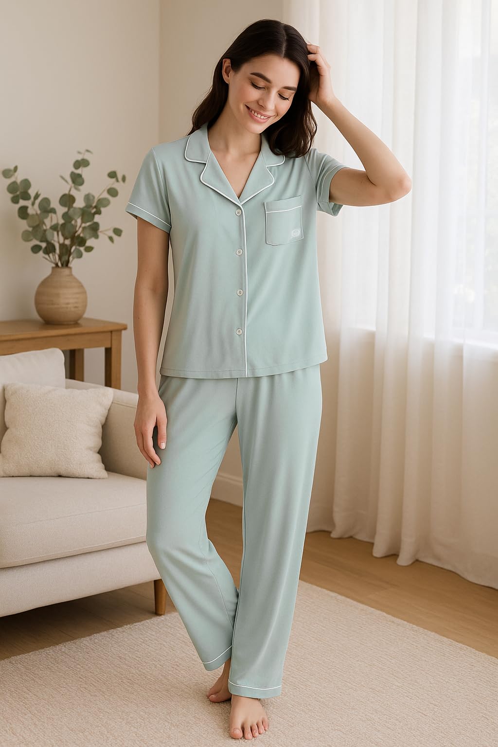 BORN Womens Button Down Pajama Set, Short Sleeve PJ Set with Pants | Soft & Breathable (Green Grey, X-Large)