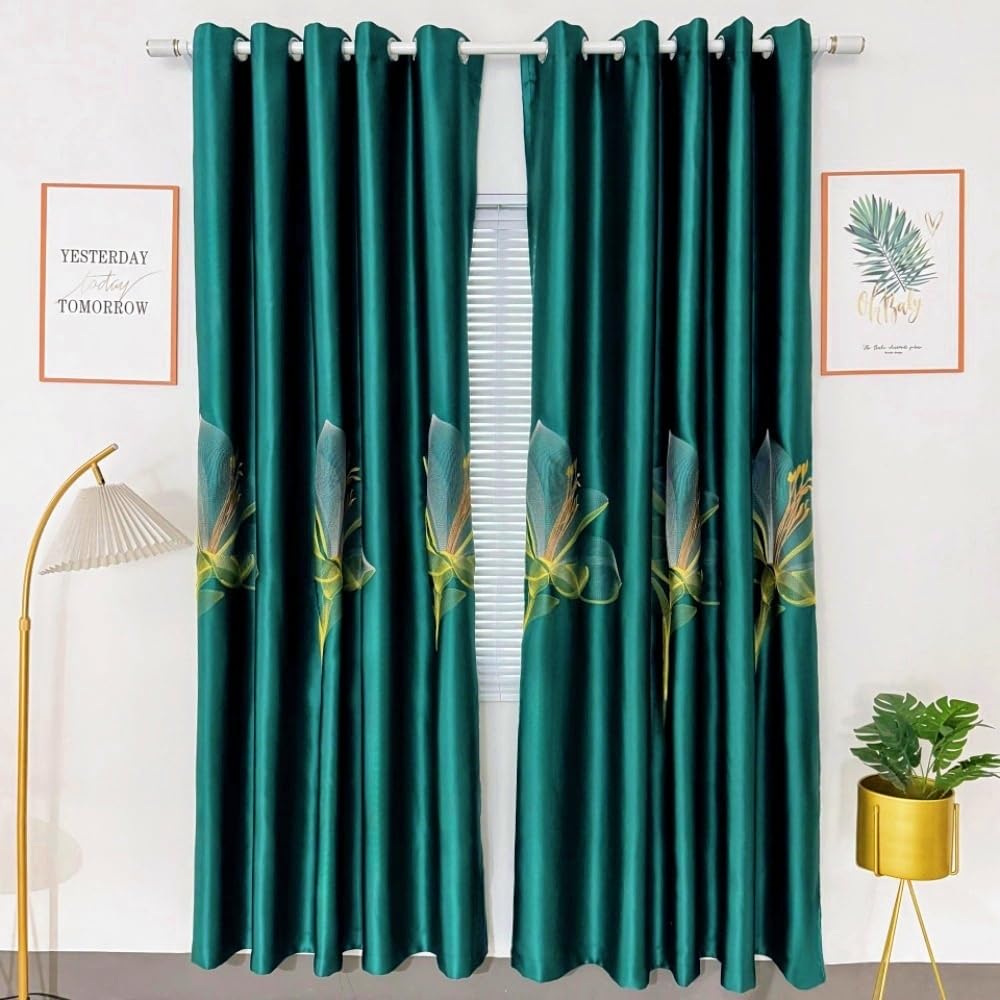 MYRU 1 paire de rideaux chinois en satin brodé à fleurs pour salon, chambre à coucher (vert, 2 x 168 x 228 cm)