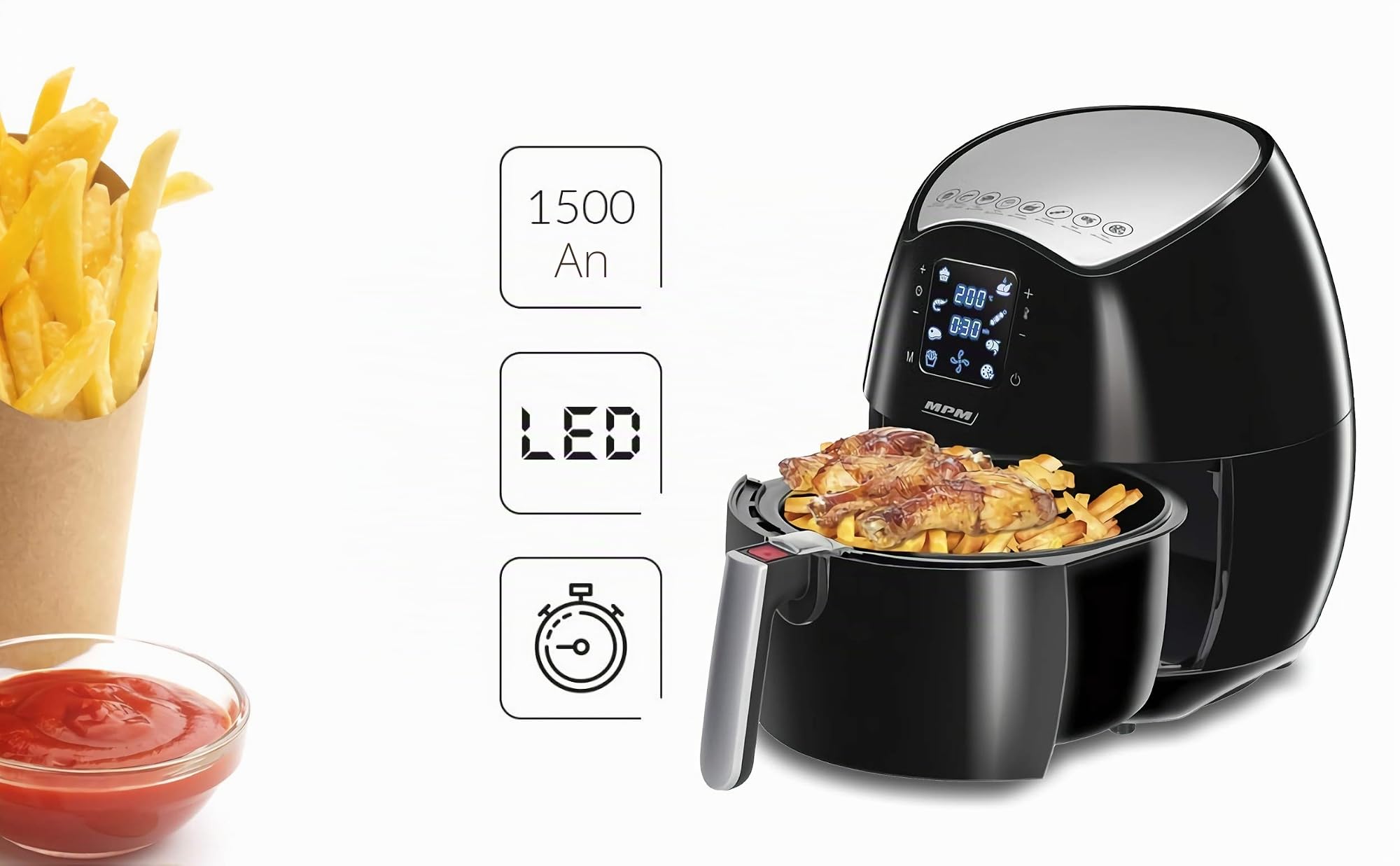 MPM MFR-06 Freidora de Aire sin Aceite, 4.5L, Pantalla Digital, Táctil, Airfryer con 8 Modos Preestablecidos, Temporizador y Temperatura Ajustable, Cocina Saludable, sin BPA, 1500W
