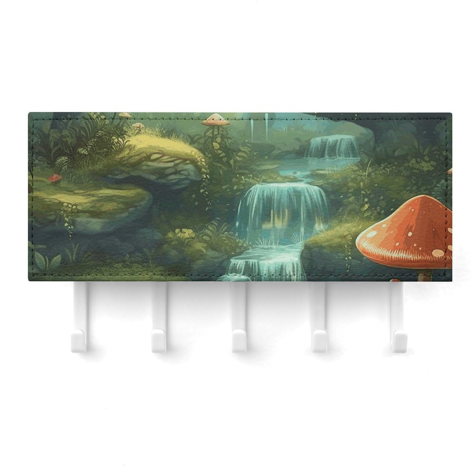 Fekiloot White View Of Fantasy River Mushroom Key Holder For Wall Adhesive, No Drilling, Key Hooks With 5 Hooks Wall Mounted, Self Adhesive Keys Rack For Entryway, Hallway, Living Room, Kitchen, Office