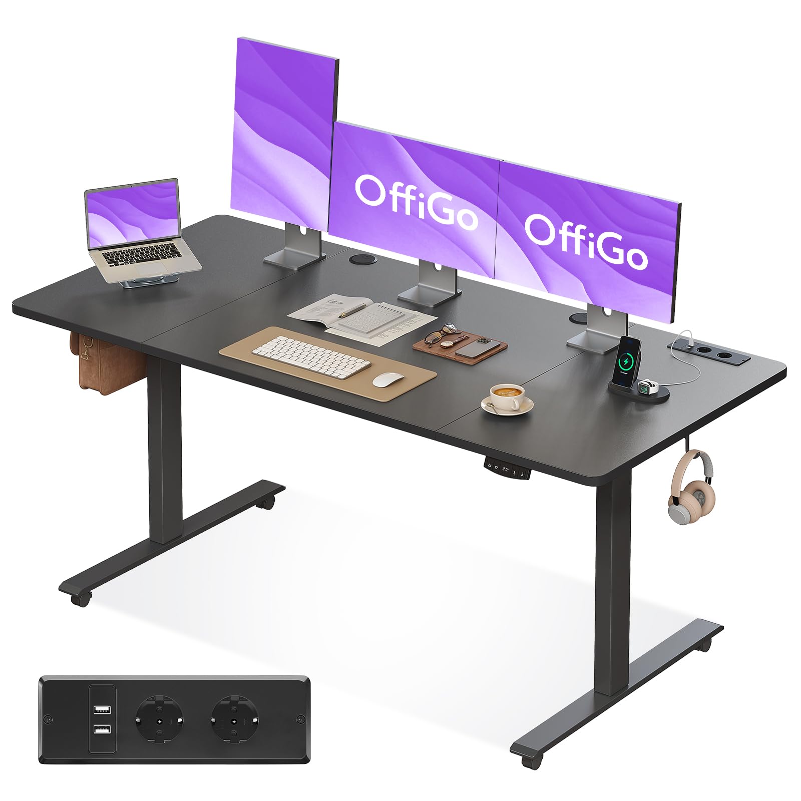 OffiGo Escritorio Elevable, 160cm, Mesa Elevable Escritorio con Carga USB, Mesa Regulable Altura con 2 Memorias, Escritorio Elevable para Oficina, Casa, Juegos, Negro
