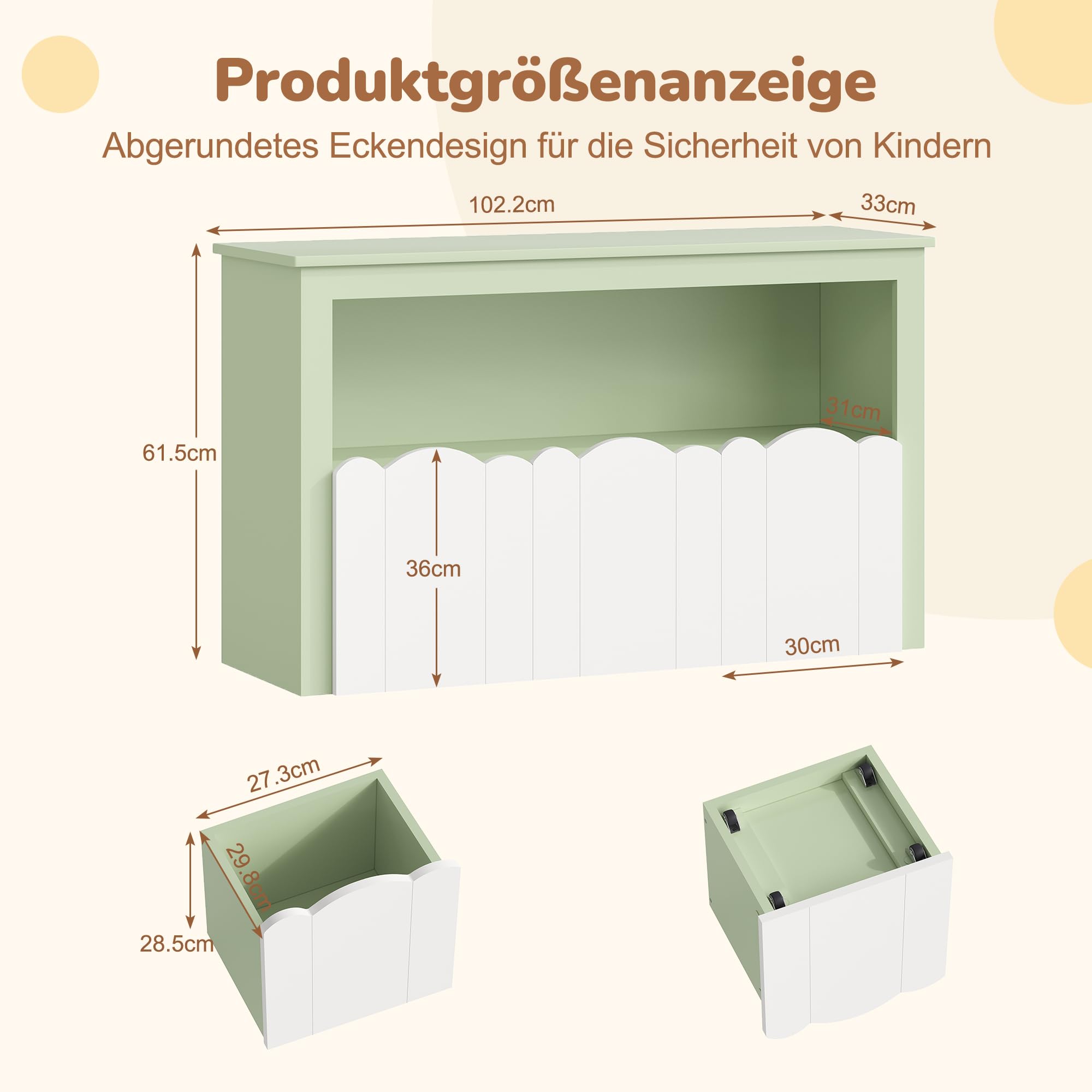 YOUDENOVA Estantería para niños, muebles para habitación infantil con 3 cajas, almacenamiento de juguetes con ruedas, 102,2 x 33 x 61,5 cm, almacenamiento para habitación infantil para libros de