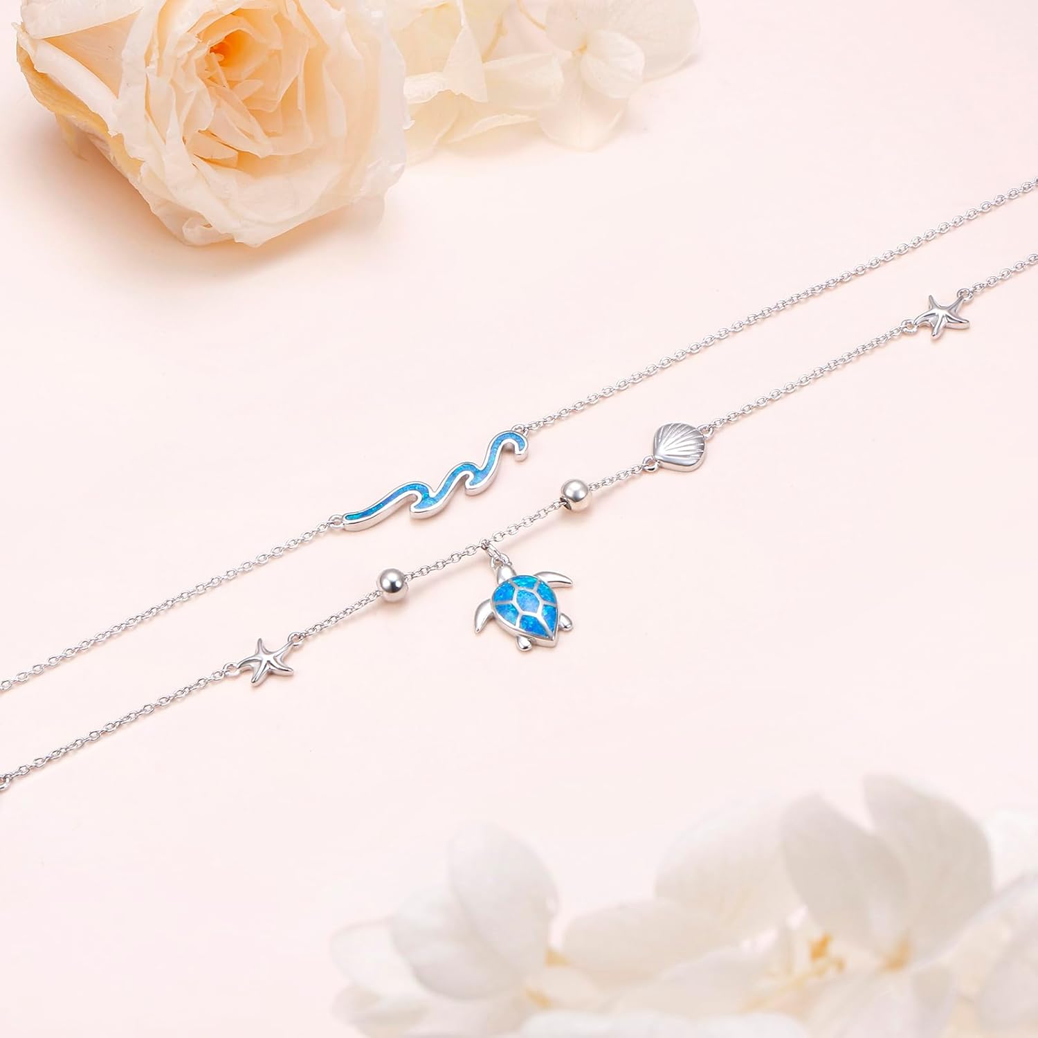 Ladytree 925 Sterling Silver Turtle Starfish Ocean Wave Anklet for Women Adjustable 9+2 Inch Beach Shell Ankle Jewelry with Created Blue Opal - Image 4