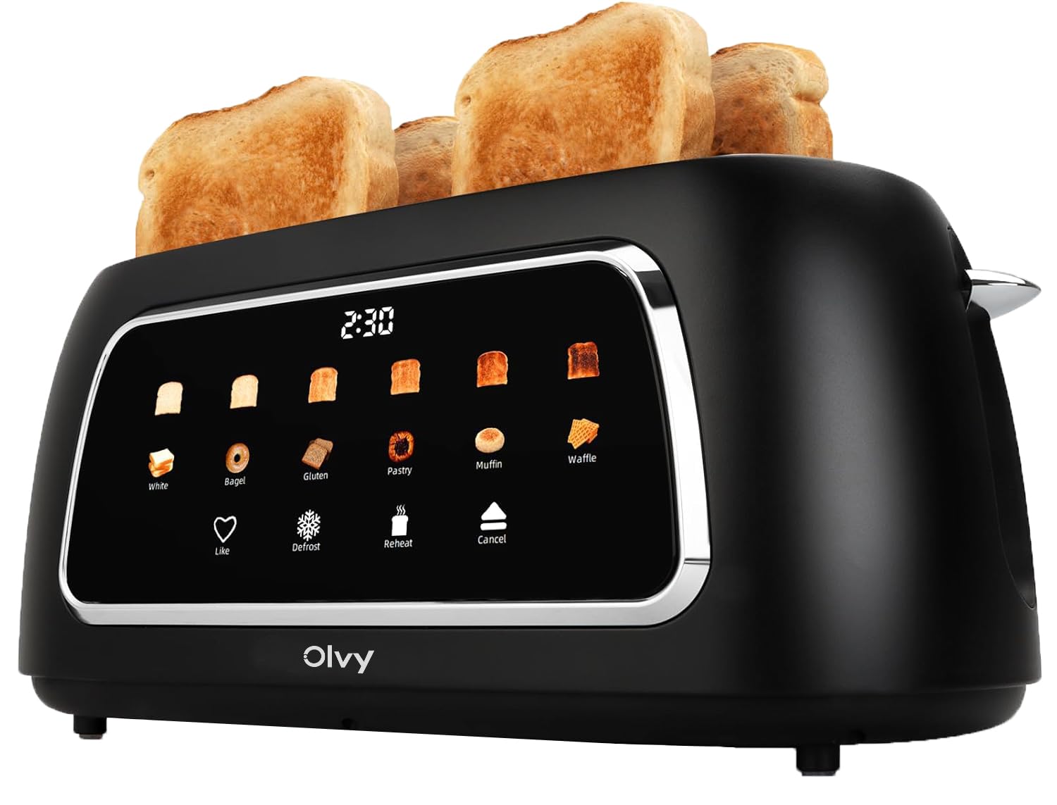 Grille-pain Olvy T-40T à fentes longues – 1500 W, écran tactile LCD avec minuterie, 6 niveaux de brunissage, fonctions décongélation et réchauffage, tiroir à miettes, 4 tranches - 2