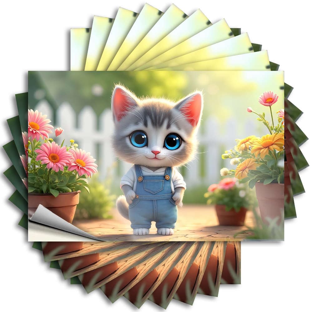 Quote Birthday Sand Small Door A Cute Kitten in Overalls Stands Among Colorful Flowers. - Scratch Resistant Stickers(8X12CM)