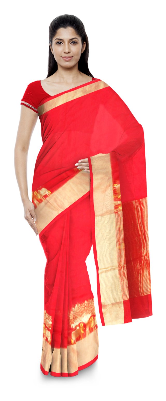 Chanderi Handloom Cotton and Silk Saree (Red and Gold)