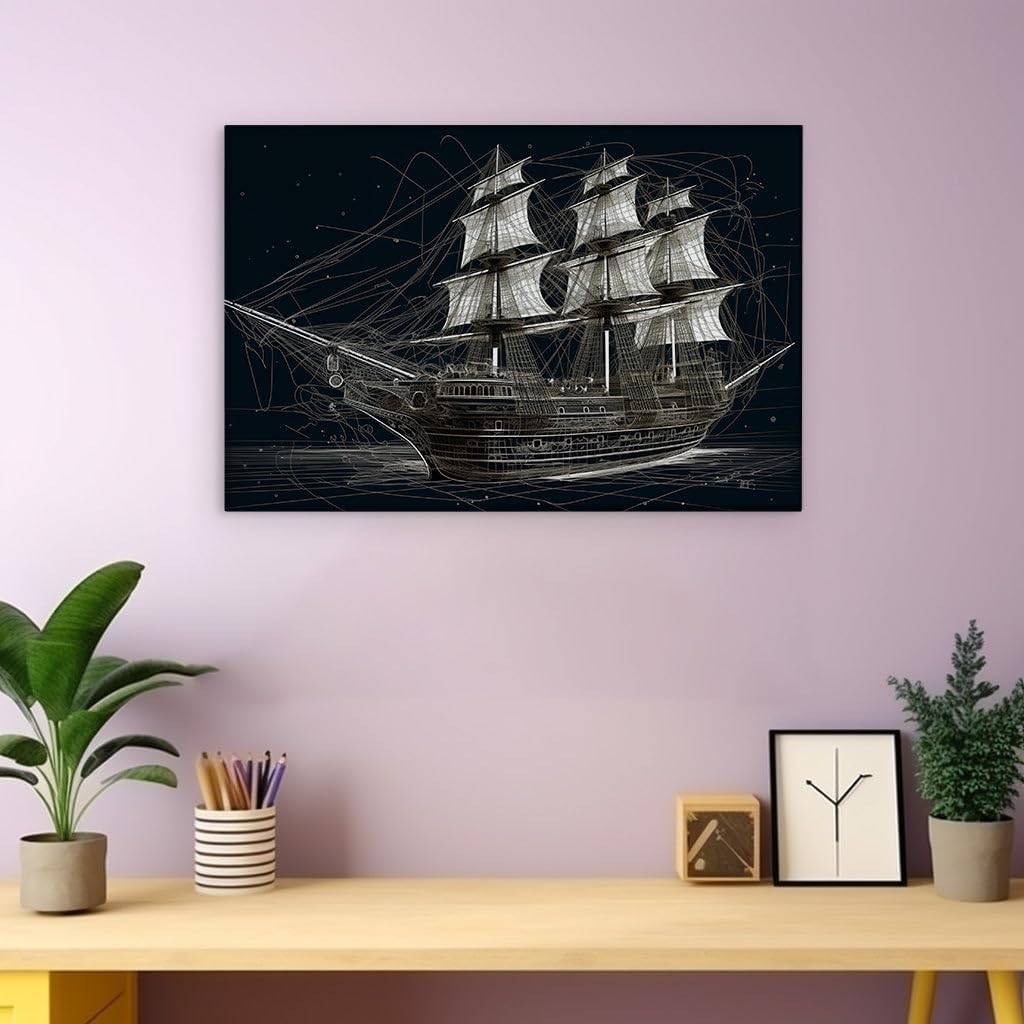 Canvas for Living room. Sailing Through the Night: A Stark Vision of Speed and Serenity on the High Seas, 27 x 18 inch Canvas Wall Art - Contemporary Masterpieces - Modern Home Decor