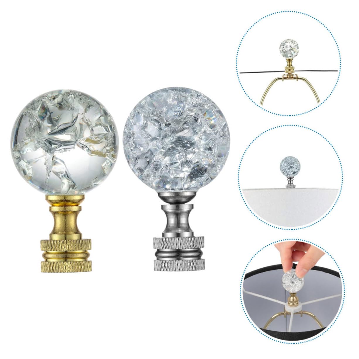 SOLUSTRE Kristallglas Lampenknopf 2 Stück mit Poliertem Metallsockel Dekorative Lampenaufsätze für Tisch und Stehlampen Vielseitige LED Leuchten Zierkappe Wohnraum Dekoration