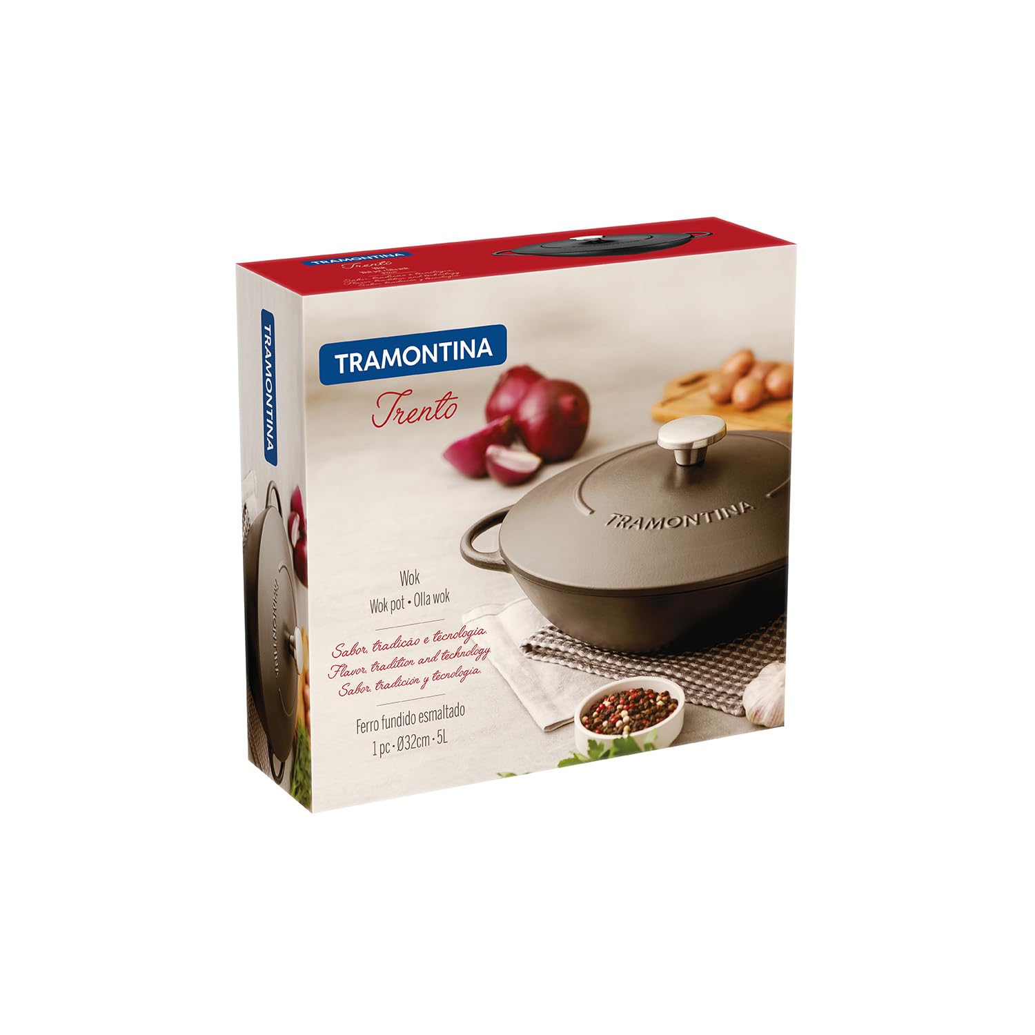 Tramontina Wok aus Gusseisen mit Deckel, 5l, Durchmesser 32 cm