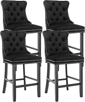 Set of 4 Velvet Counter Height Bar Stools with Button Tufted Back, Nailhead Trim, and Solid Wood Legs, 26.3" Seat Height, Bar Chairs for Kitchen Island, Black