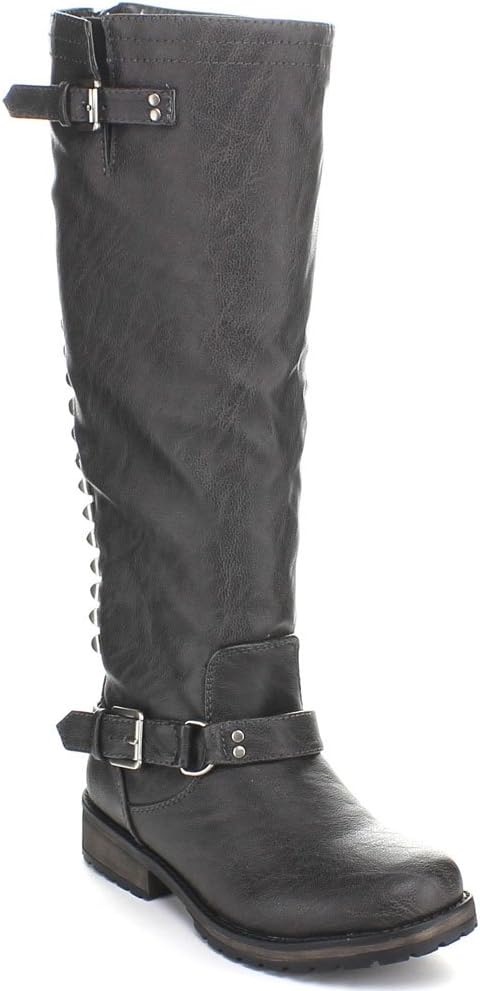 Breckelle's TROOPER-14 Women's Studs Ankle Strap Back Zip Knee High Riding Boots, Color:GREY, Size:7.5