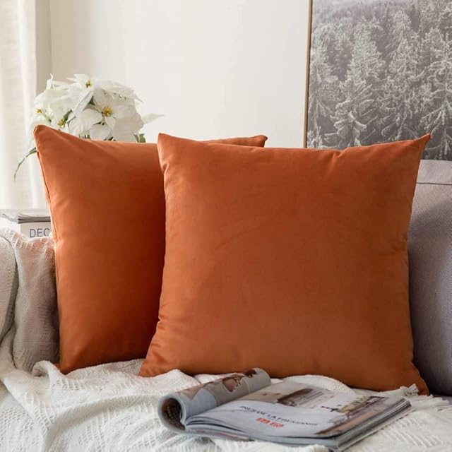 MIULEE Pack of 2 Velvet Soft Decorative Square Throw Pillow Case Cushion Covers Luxury Pillowcases for Livingroom Sofa Bedroom with Invisible Zipper 50cm x 50cm,20x20 Inches Orange