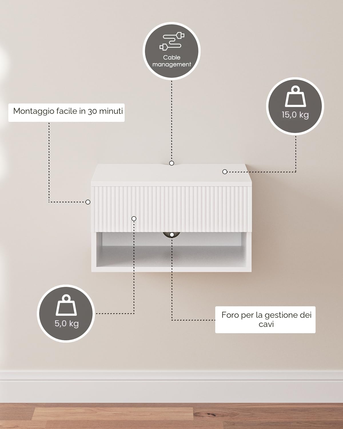 HEYZOEY Comodino sospeso, piccolo comodino mobile moderno con cassetto, scaffali galleggianti per camera da letto, bagno, bianco