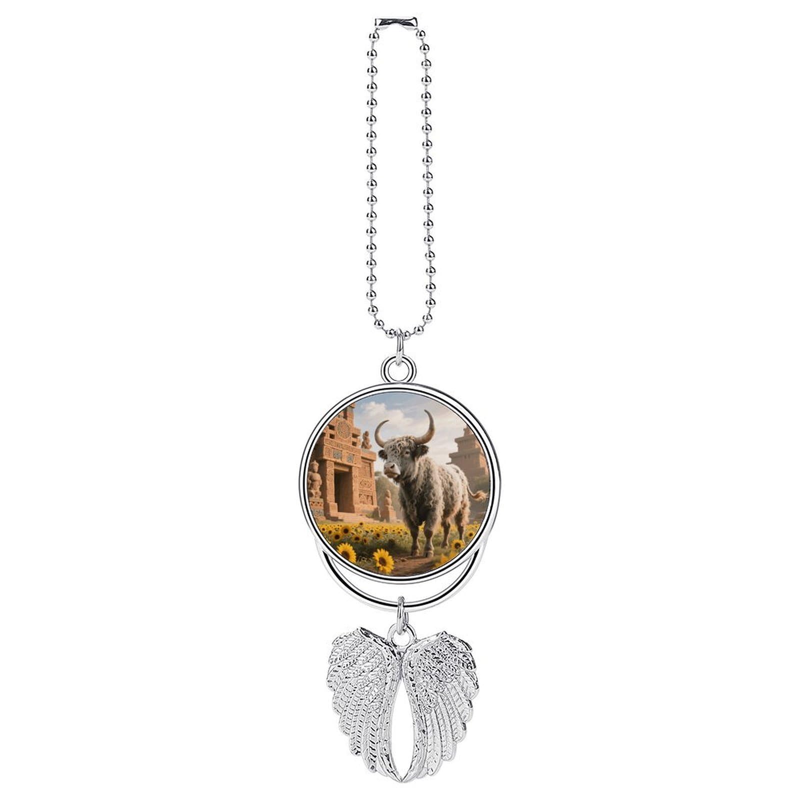 Cow Sunflower Aztec Car Charm, Alloy Rear View Mirror Pendant, Bling Funny Car Hanging Ornament Gift for Women Men, Car Pendant Lucky Auto Interior Decoration Accessories Silver-Style