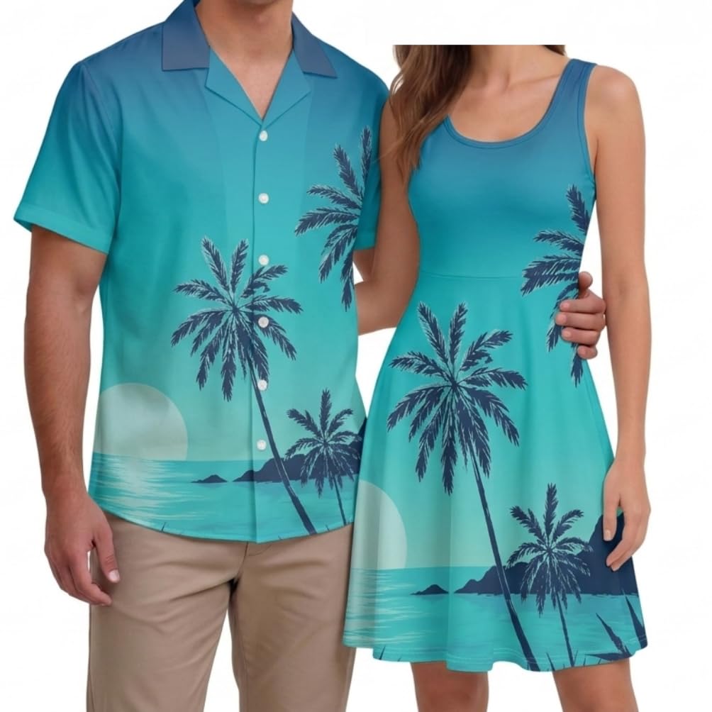 Hawaii Matching Couple Outfits Husband and Wife Clothing Fashionable Mens Casual Shirts Hawaii Dress with Soft Fabric