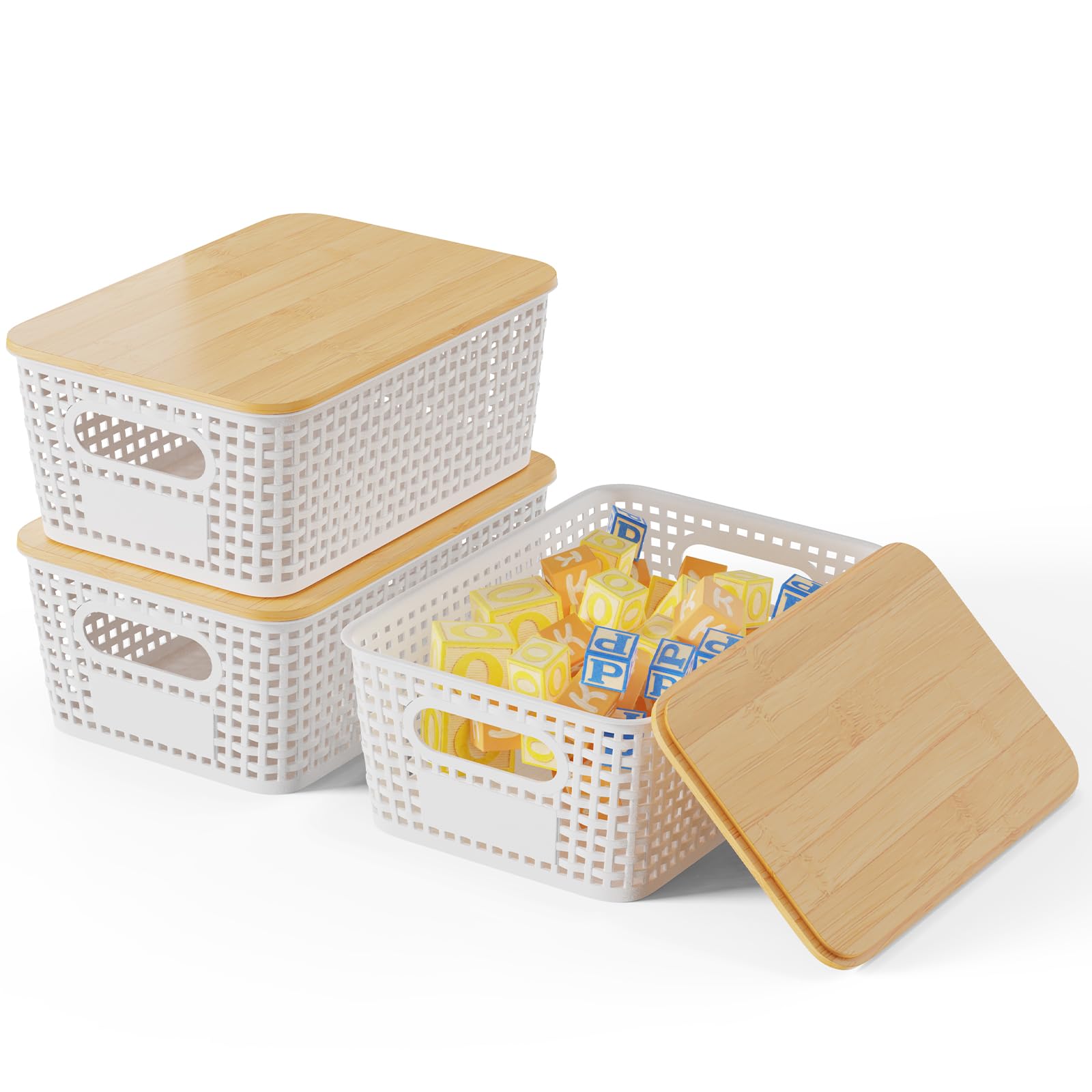 Shrivee Juego de 3 cajas de almacenamiento con tapa de bambú, cesta de almacenamiento de 5 litros, cesta de plástico, cajas de almacenamiento de cocina para estantes, armarios, armarios y hogar