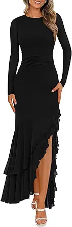 BTFBM Women's Maxi Dresses Fall 2025 Long Sleeve Ruched Bodycon Solid Ruffle Mermaid Cocktail Wedding Guest Dress