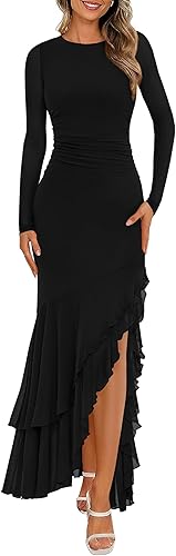 BTFBM Women's Maxi Dresses Fall 2025 Long Sleeve Ruched Bodycon Solid Ruffle Mermaid Cocktail Wedding Guest Dress