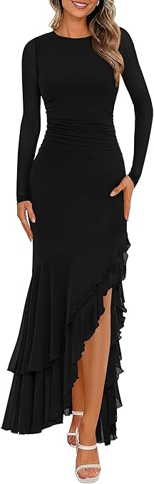 BTFBM Women's Maxi Dresses Fall 2025 Long Sleeve Ruched Bodycon Solid Ruffle Mermaid Cocktail Wedding Guest Dress