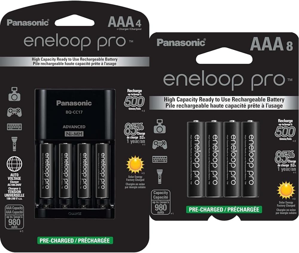 Panasonic eneloop pro Battery Charger Pack with 4 AAA Batteries and 8-Pack AAA High Capacity Rechargeable Batteries