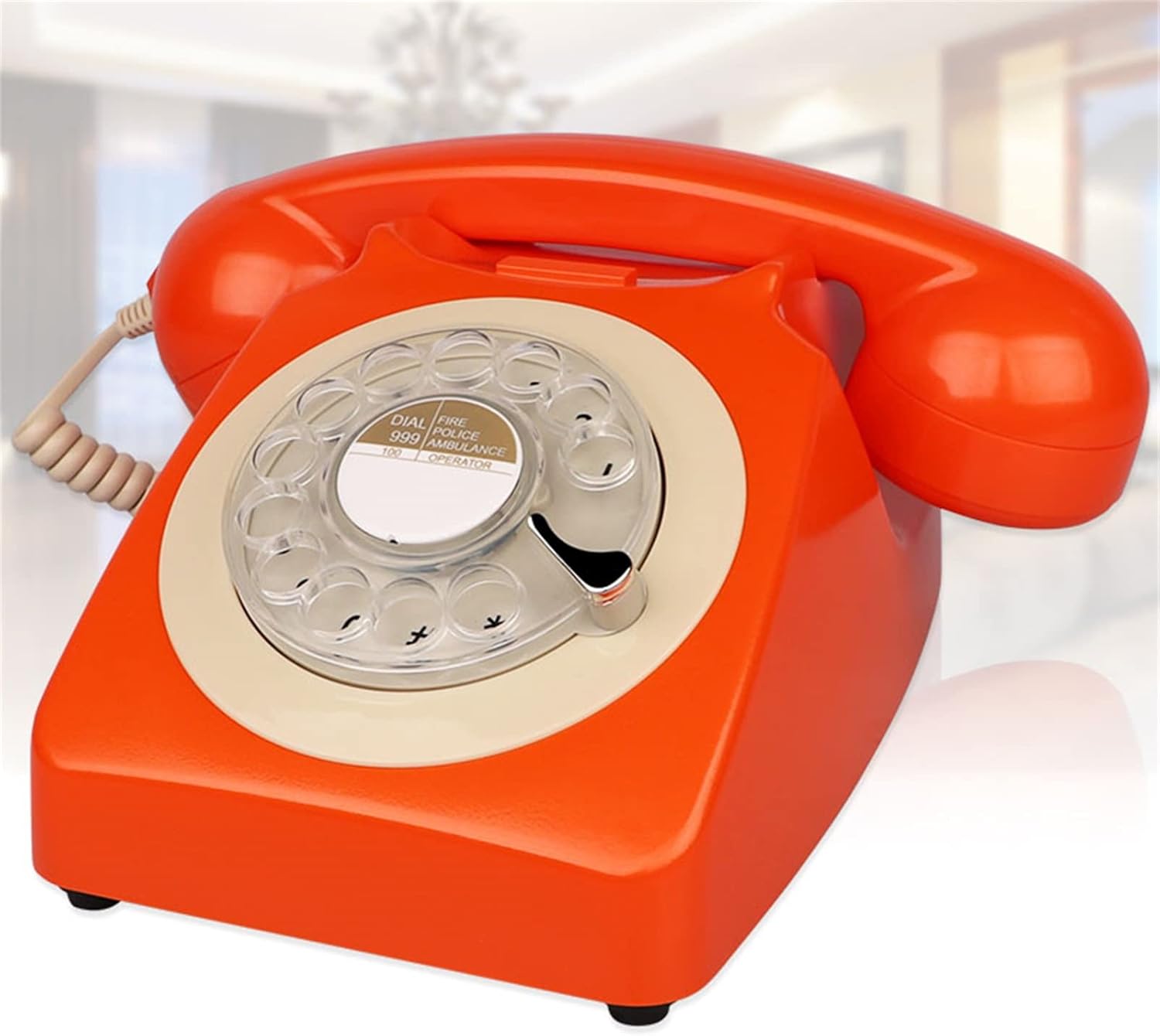 Decorative Telephones Retro Rotary Landline Phone for Home Vintage Rotary Dial Phone Old Telephone Corded Phone with Hands Free Function, Orange