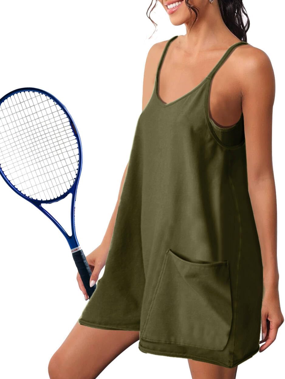 Athletic Dress for Women Hot Shot Mini Dress Onesie Oversized Romper Pockets Built-in Shorts Summer