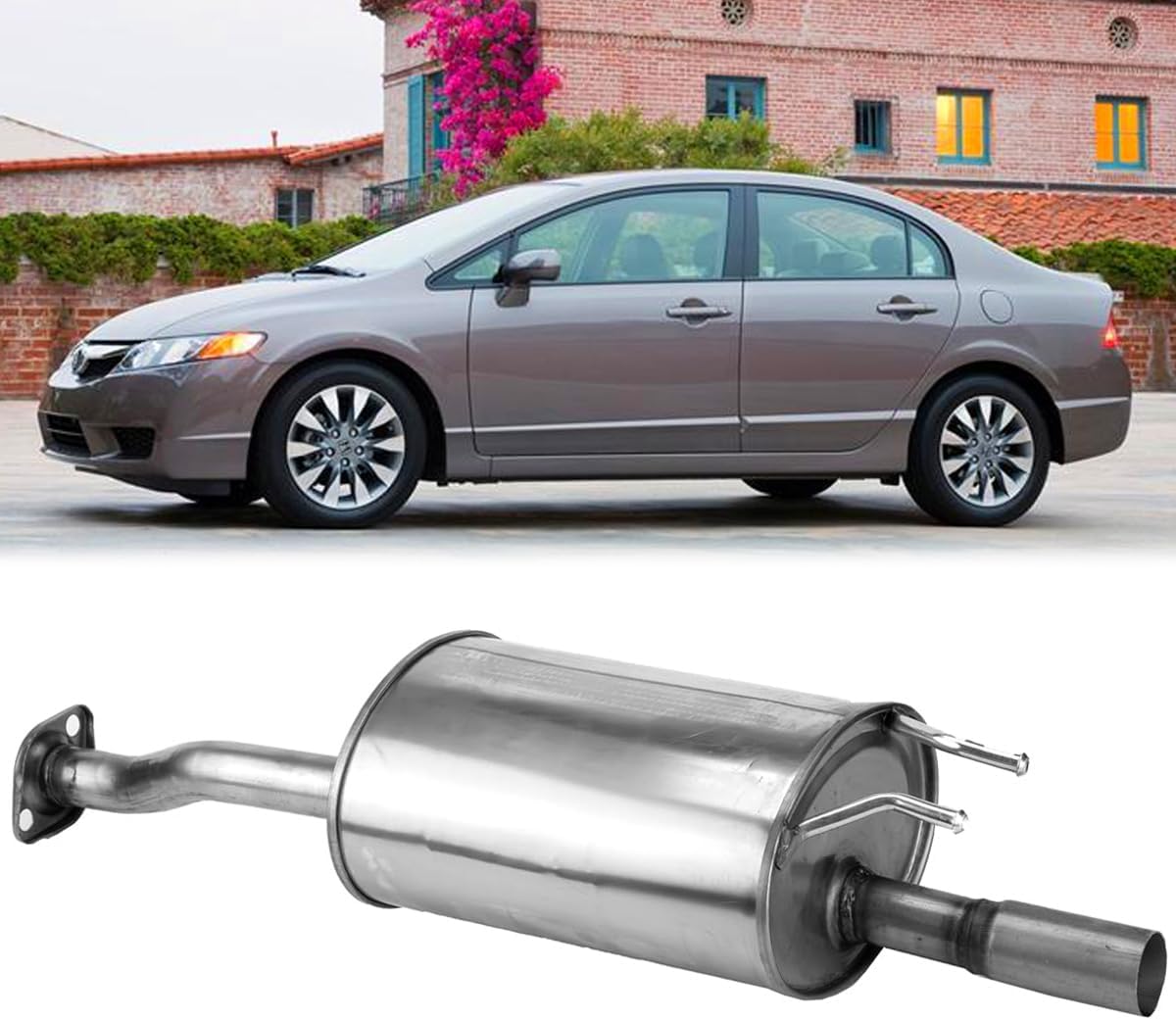Stainless Steel Rear Exhaust Muffler Compatible for 2006-2011 Honda Civic 1.8L and 2006-2011 Honda Civic Hybrid 1.3L-Include Gasket and Bolt kit HC01