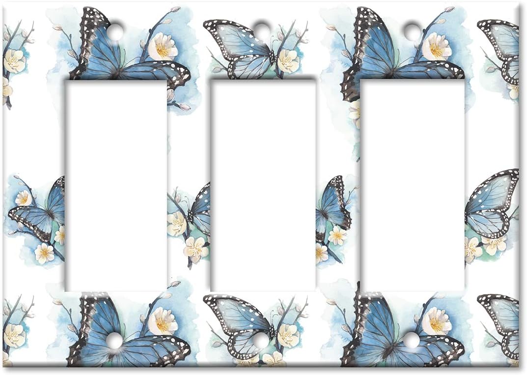 Art Plates 3 Gang Decora - GFCI Decorative Metal Wall Plate - Blue Butterflies on White Flowers - (Made in USA)