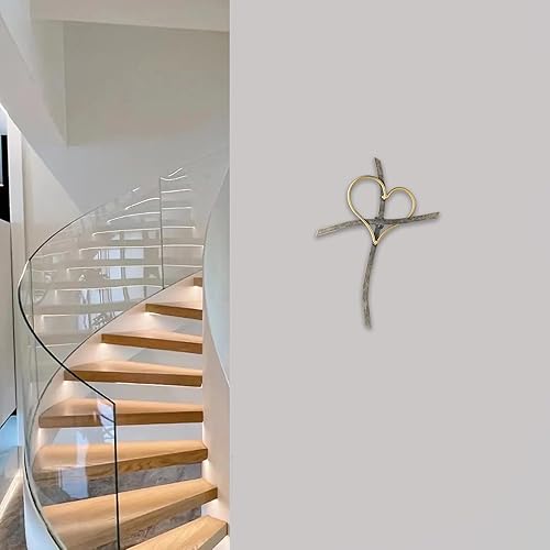 Miniatura 2 de Imerance Cruz de pared  Arte de pared religioso de cruces de metal con forma de corazón para pared, decoración de pared de cruz para sala de estar,