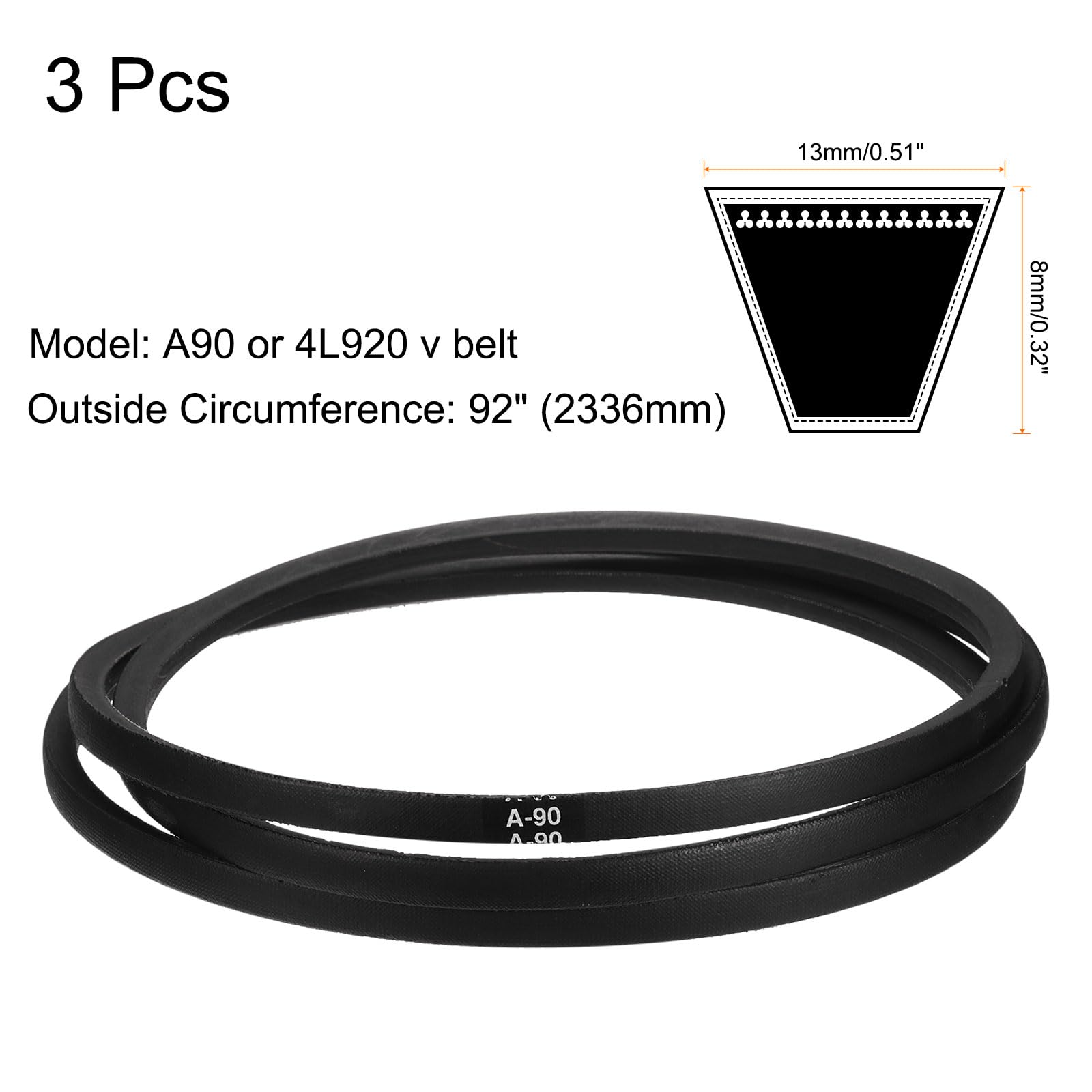 QUARKZMAN 3pcs A90 or 4L920 Classic Wrapped Rubber V-Belt, 90"(2286mm) Inside Circumference, A Profile V Belt