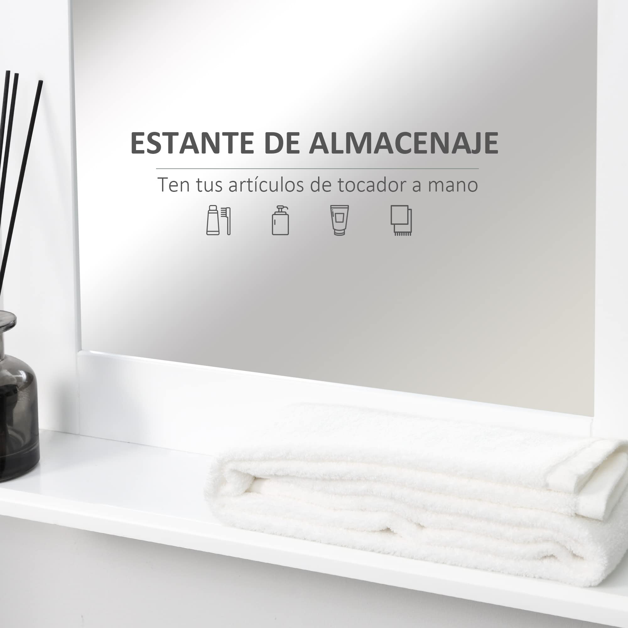 kleankin Espejo de Baño 50x11,5x60 cm Espejo de Pared con Estante Blanco | Moderno, Estante de Almacenaje, Marco de Madera, para Dormitorio, para Aseo