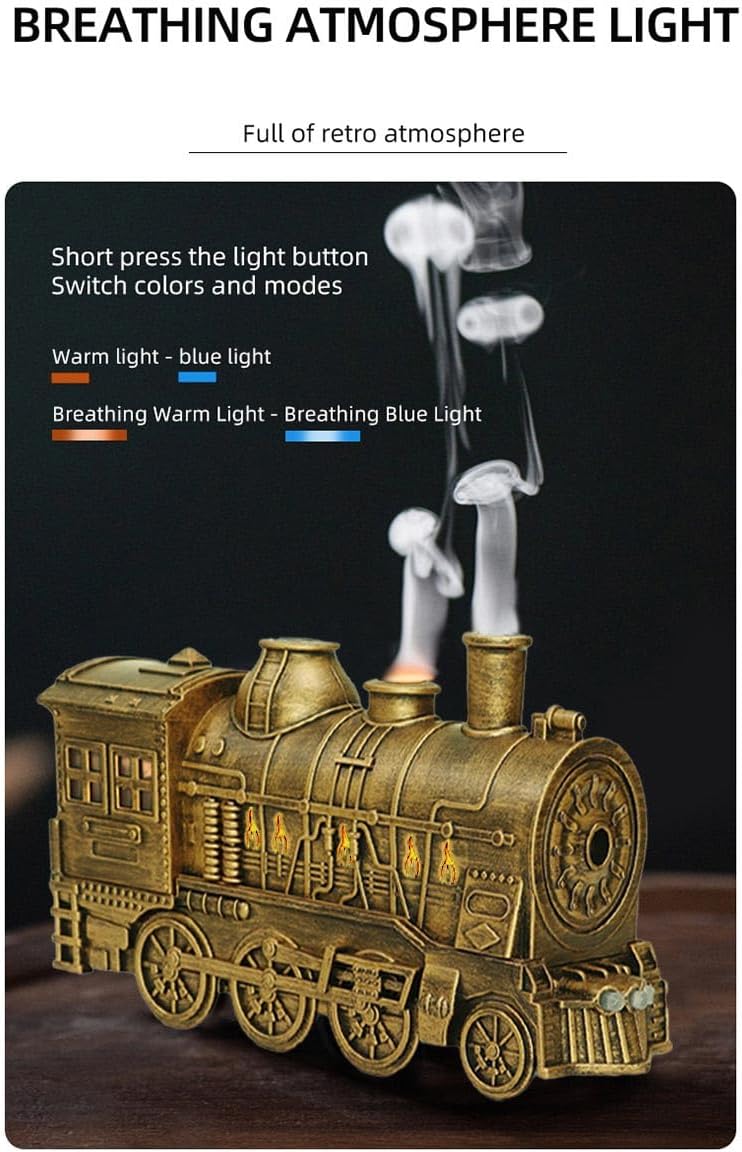 Essential Oil Diffuser, 300ML Vintage Steam Train Aromatherapy Mist Humidifier with Dual-Color LED Light, Auto Shut-Off, Standard US Power Supply, for Home Office Bedroom