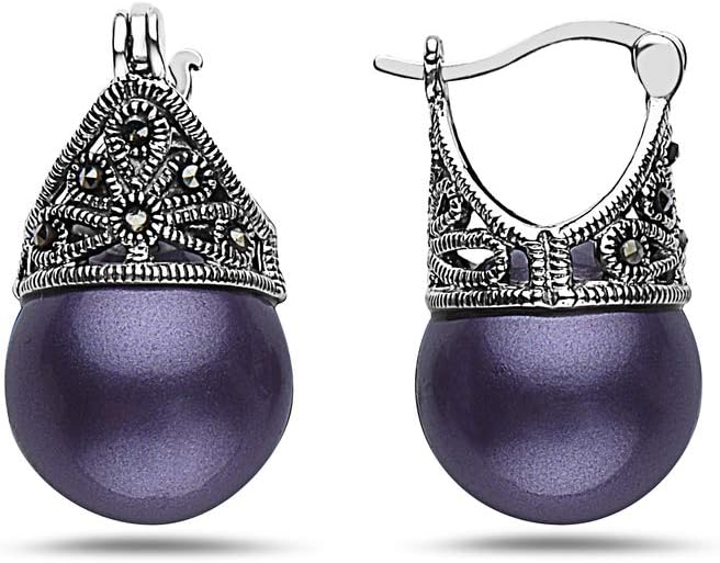 SILVER EMPIRE Fine Jewelry | 925 Sterling Silver Filigree Earrings for Women | Features Marcasite & Colorful Glass Pearls | Cap Mounting Design with Latch Closure | Oxidized Finish | Hypoallergenic