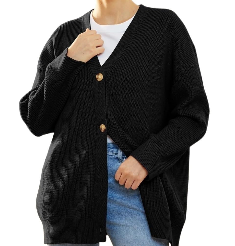 Cashmere Cocoon Cardigan, 2023 Fall New Cocoon Cardigan, Women V Neck Cardigans Casual Loose Knit Outwear Sweaters (Color : Noir, Size : XL)