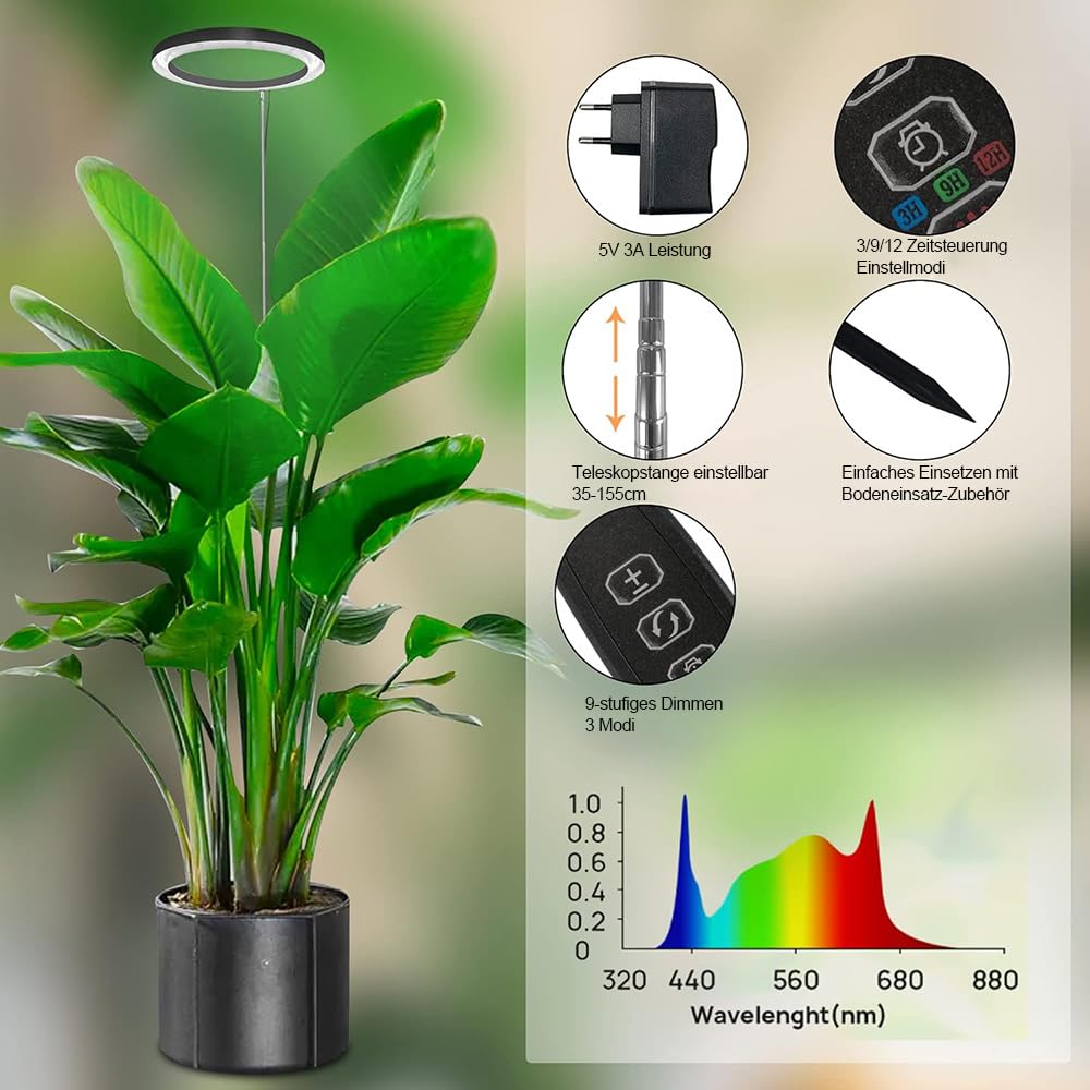 Rosnek LED Ring Wachstumslichter für Zimmerpflanzen, 160 LEDs Vollspektrum Pflanzenlampe mit Teleskopstange, 35-155 cm Höhenverstellbar, 3/9/12 Timer, Pflanzenlicht für Gartenpflanzen
