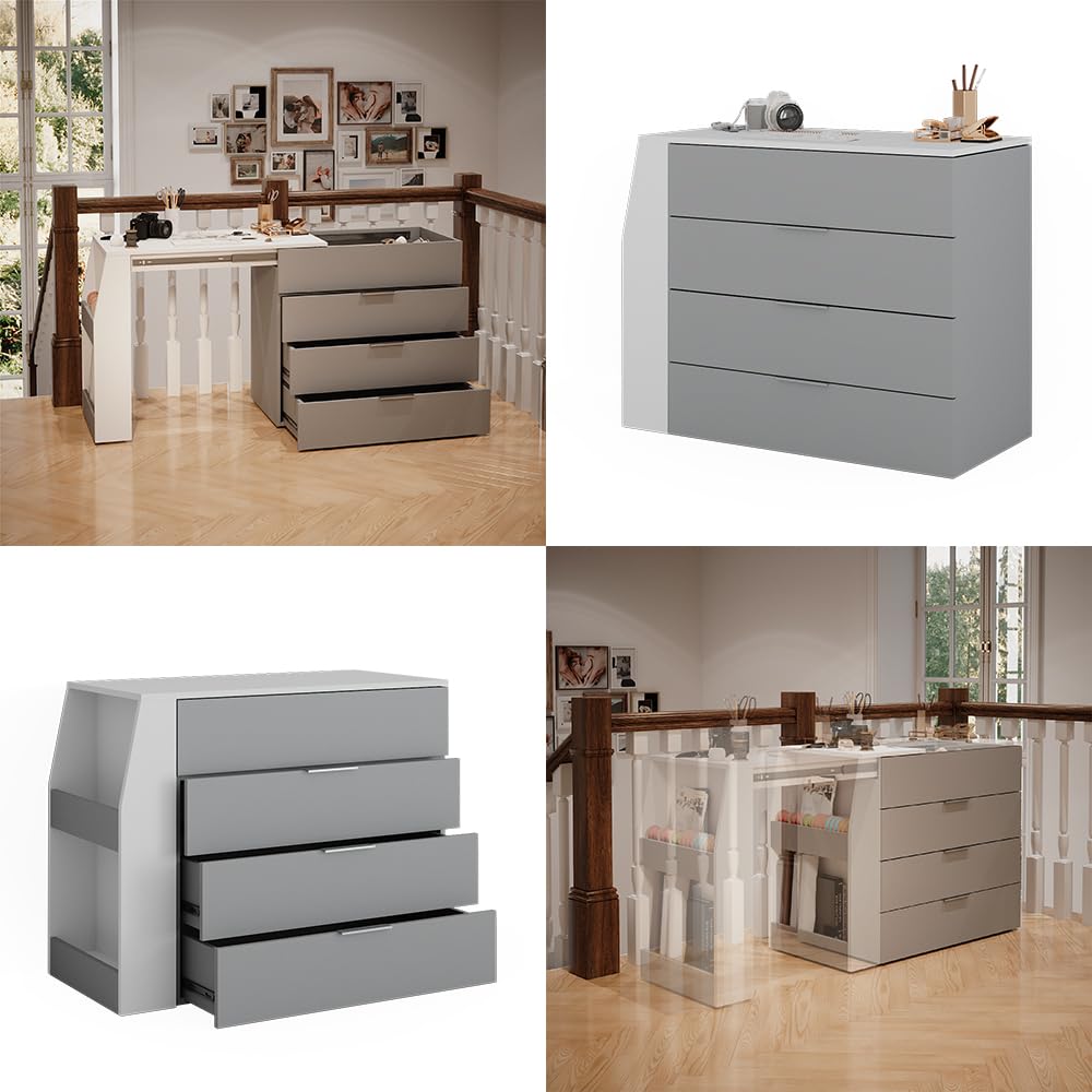 Vicco Mesa de Manualidades IVA, Gris, 98.5-167.5 x 80 x 47 cm | desplegable, 4 cajones, extensible para ampliar la superficie de trabajo