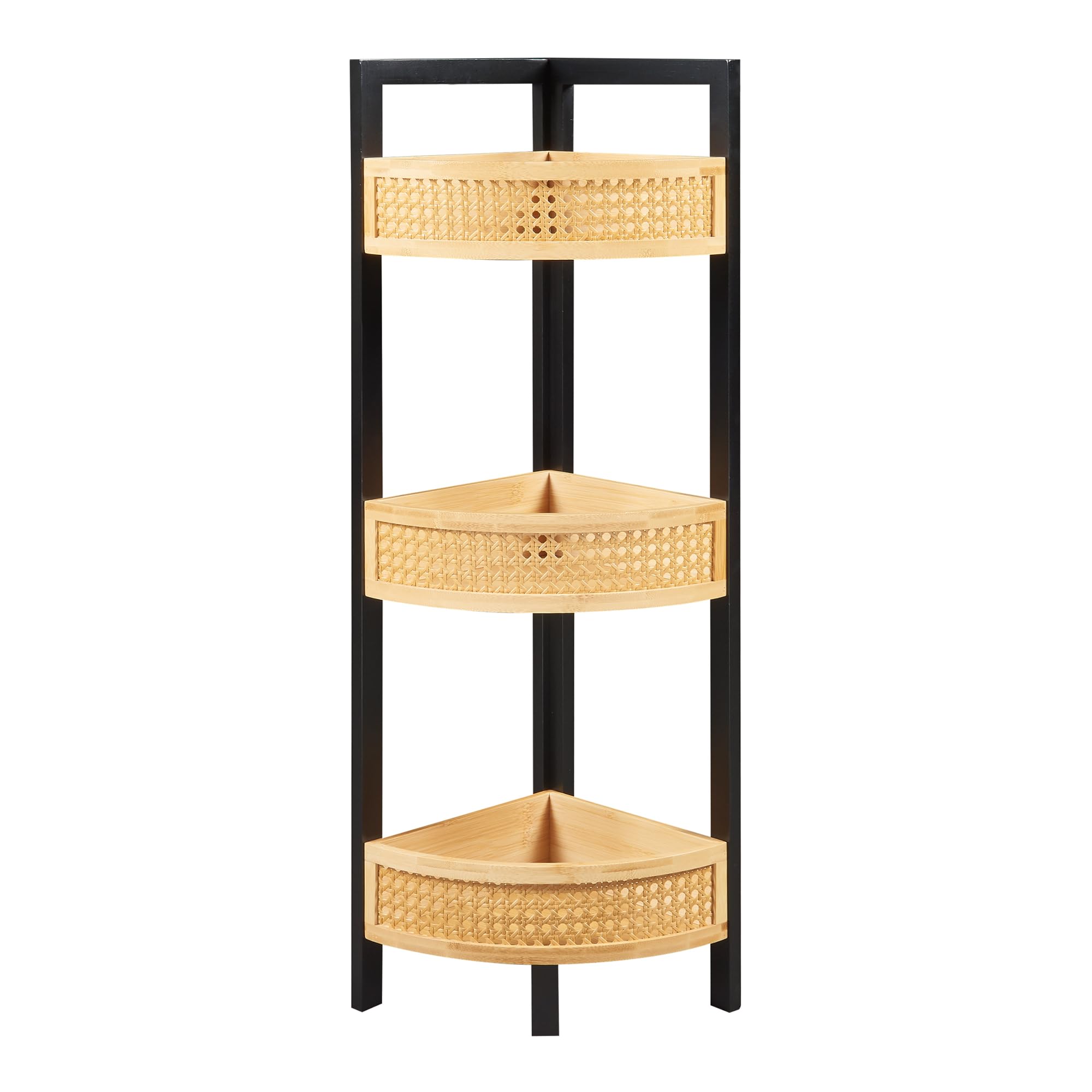 [en.casa] Scaffale Angolare da Terra Mobile Basso a 3 Ripiani in Bambù con Bordi Alti Frontali Decorativi Effetto Rattan Angoliera per Soggiorno Ingresso Bagno Cucina 80x23x23 cm Nero/Naturale