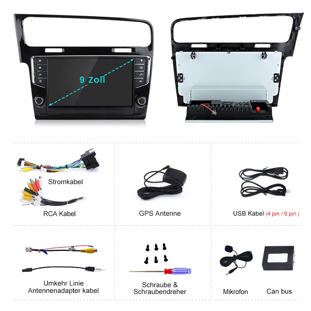 Junsun Android Autoradio für VW Golf 7 / VII (2013-2017) 2GB+32GB with 9 Zoll Touchscreen CarPlay, Android Auto, FM Radio, Bluetooth, WLAN, Navigtion, Lenkradsteuerung