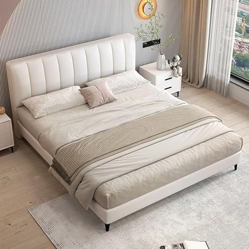 ヘッドボードと丈夫な木製スラット付きクイーンプラットフォームベッドフレーム、フルサイズのベッドフレーム、プラットフォームベッド、高耐荷重、ボックススプリング不要、組み立てが簡単 (米白, セミダブル (120*200cm))