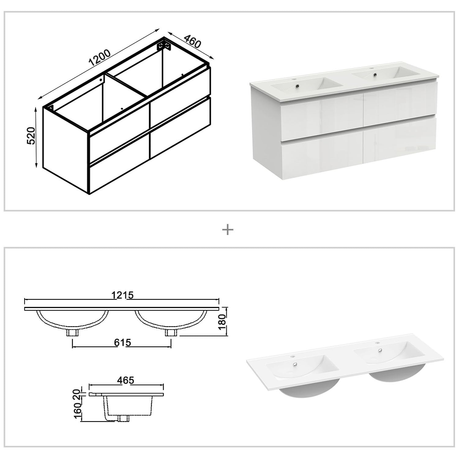 Badezimmermöbel 120cm Keramik Waschtisch mit Unterschrank Badmöbel Set Badezimmerschränke mit 2 Soft-Close Schubladen Hochglanz Weiß