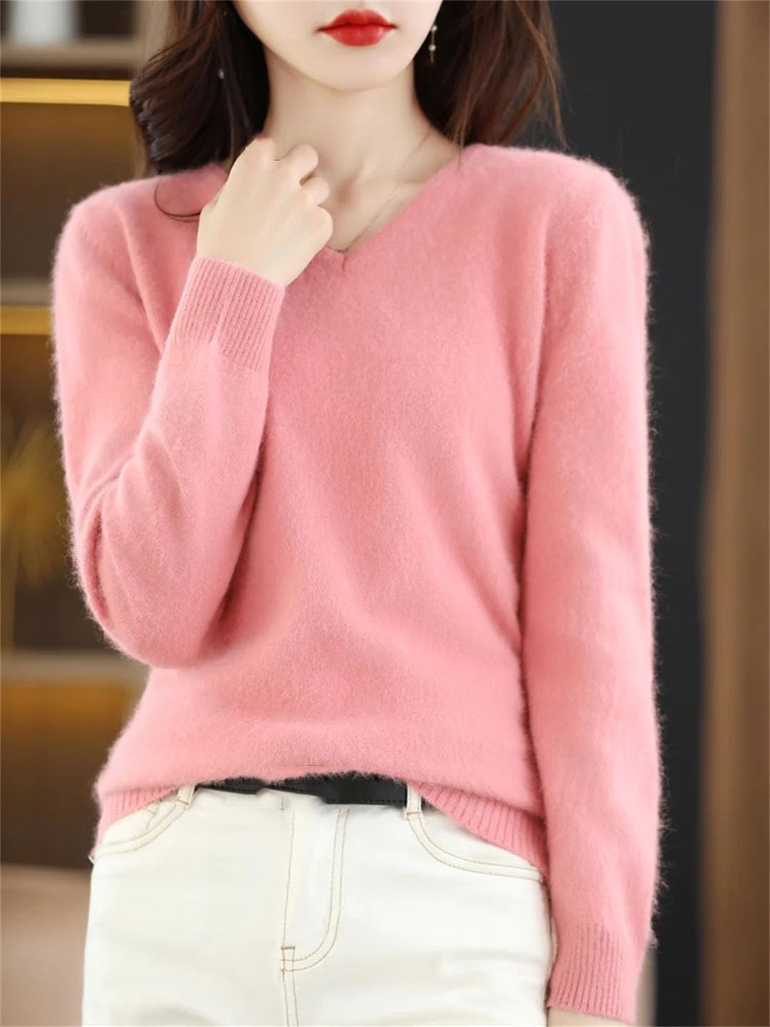 Maglione da donna caldo in cashmere con scollo a V, invernale, elastico, morbido, casual, basic
