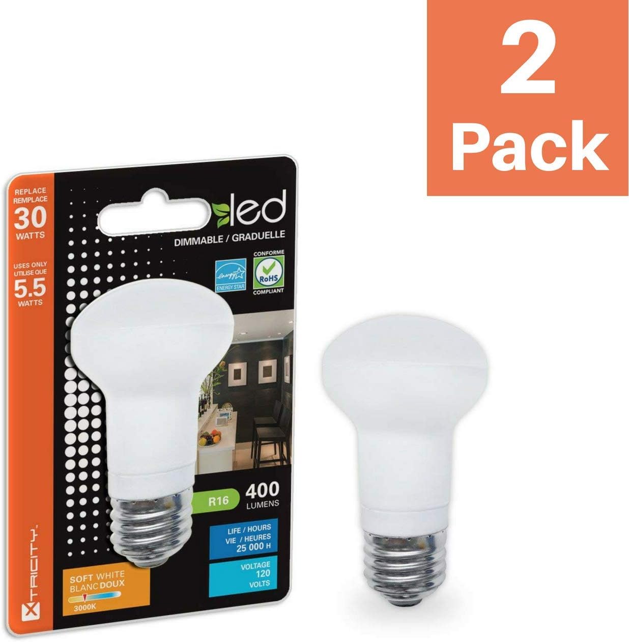 Xtricity R16 LED Light Bulb, 7 Watt (50W Equivalent), Dimmable, 400 Lumens, 3000k Soft White, E26 Medium Base, Energy Star (2 Pack)