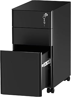 YITAHOME Rollcontainer, Abschließbar Rollcontainer mit 3 Schubladen, Metall Mobiler Aktenschrank Büroschrank mit Rollen für A4, Legal, Letter Home-Office, Hängeregistratur, Schwarz, 46 x 30 x 59cm