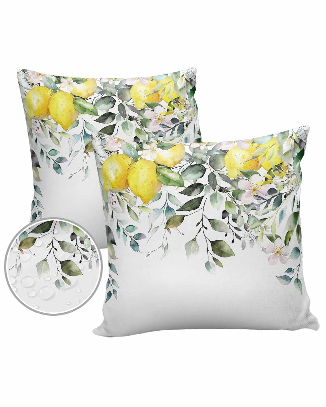 Summer Lemon Waterproof Outdoor Throw Pillow Covers 24''x24'' Pack 2, Pillow Cases Throw Cover with Hidden Zipper Spring Floral Eucalyptus Leaves Botanical Washable Pillowcase for Poolside Sofa