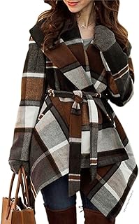 Women's Turn Down Shawl Collar Earth Tone Check Asymmetric Hemline Wool ...