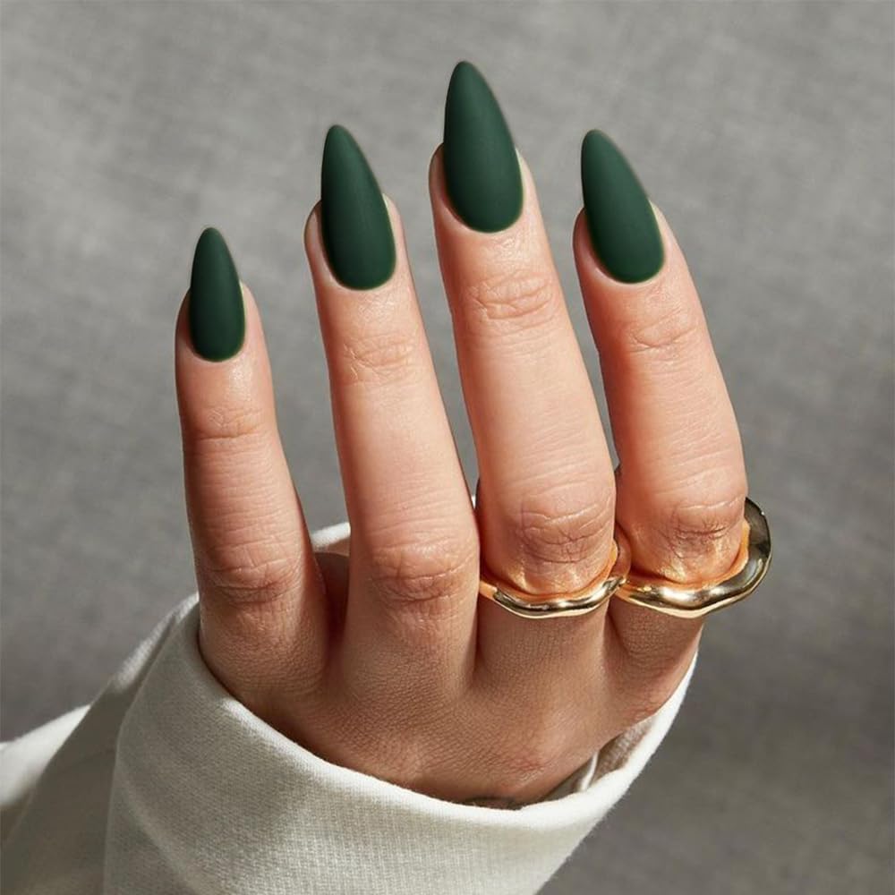 KQueenest Soft Gel Press on Nails Almond Medium, Matte Dark Green False Nails Almond, Solid Color Stiletto Fake Nails Set - Image 3