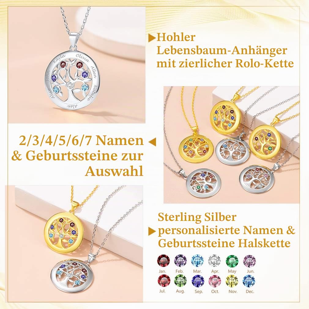 Custom4U Personalisierte Lebensbaum Kette Silber mit Namegravur 925 Silber Damen Lebensbaum Namen Halskette mit Baum des Lebens Familienbaum Halskette für Damen/Mädchen